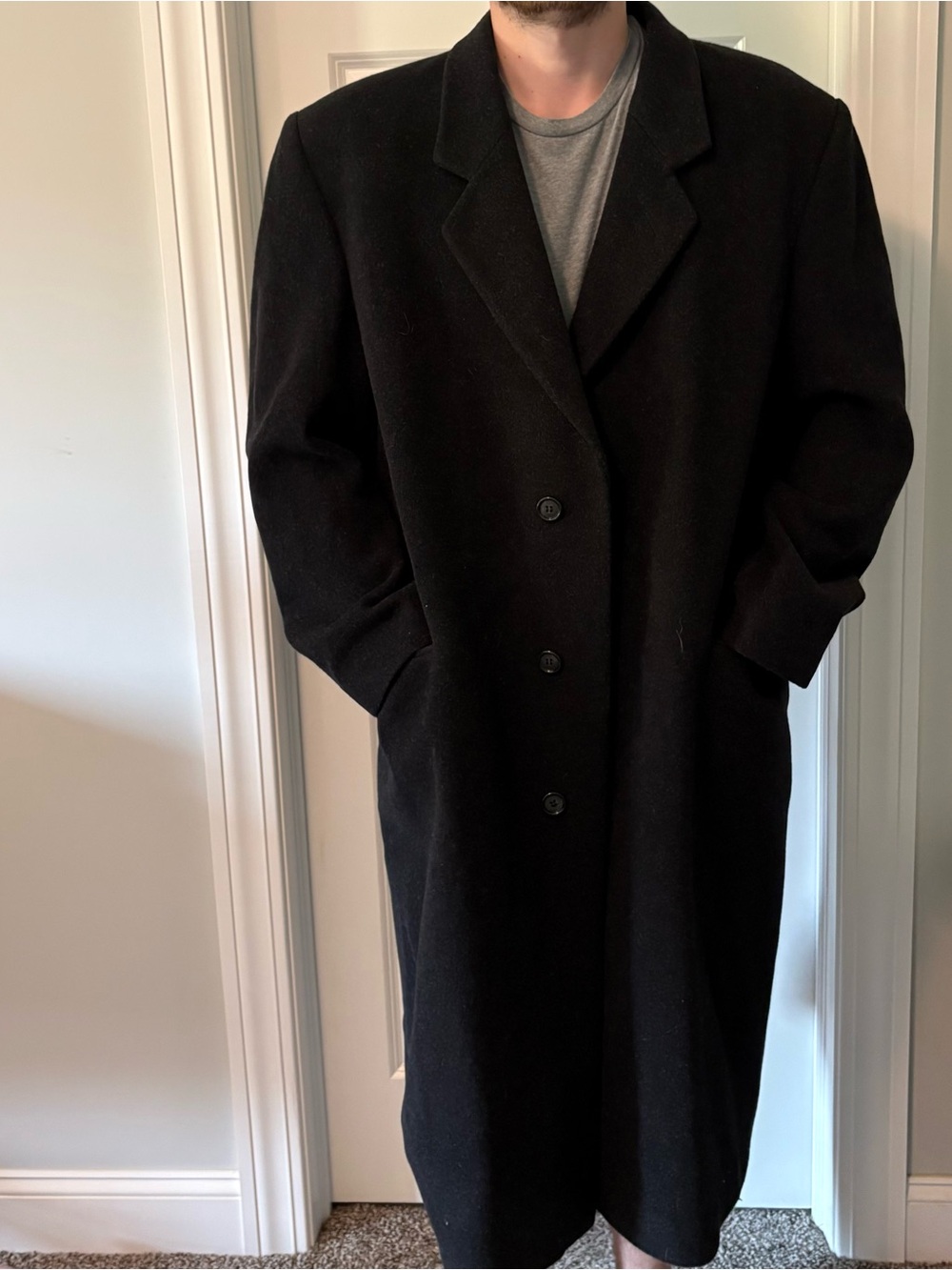 Made in Poland. Vintage Classic Men's Black Overcoat - Timeless Long Wool Coat